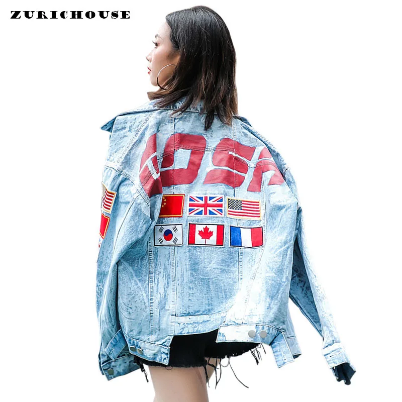 

ZURICHOUSE Streetwear Women's Denim Jacket Paint Printing Patchwork National Flag Hip-hop Style Jeans Jackets Coat Ladies