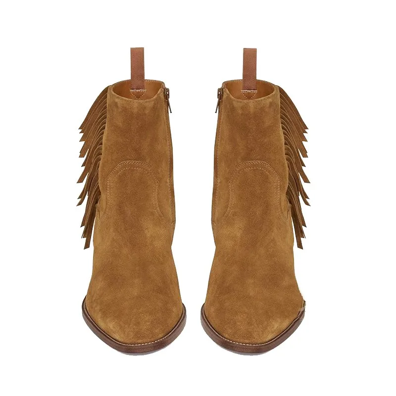 Martin Knöchel Rindsleder Echt Auf Winter Wildleder Leder Runway Reiten Chelsea Mens Stiefel Block Quasten Brown Heels Schuhe Slip RwBqW6a
