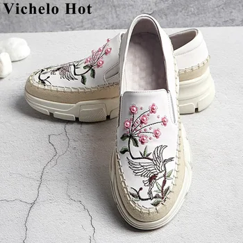 

Vichelo Hot oriental embroidery natural leather slip on loafers med bottom round toe pearls decoration cozy vulcanized shoes L32