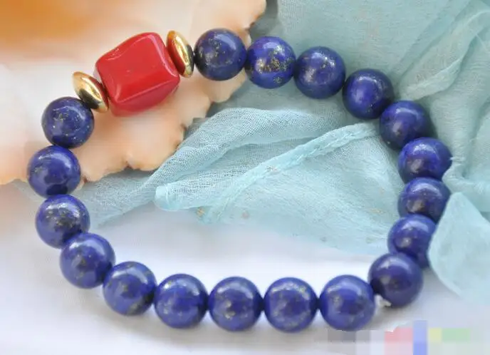 

1547 round blue lapis lazuli bead massive red coral bracelet