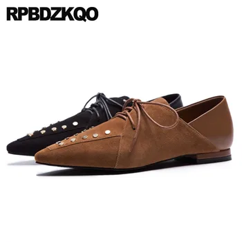 

suede rivet pointed toe chinese brand 2018 ladies beautiful flats shoes genuine leather lace up european stud black women brown
