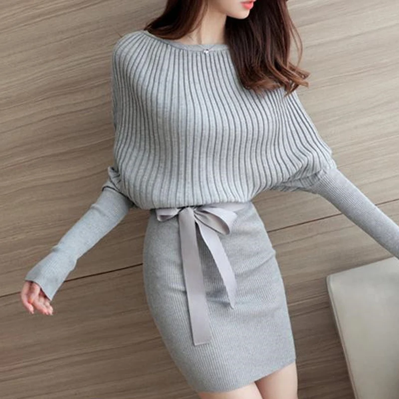 

Warm and Charm Slim Sheath Package Hip Knitted Sweater Dress Long Sleeved Slash Neck Thick Autumn Bodycon Sweater Dress