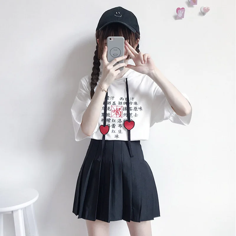 2019 Summer Women's Japanese Student Tens Girls Embroidered Short Sleeve T-shirt + Pleated Skirt Casual Sweet Two-piece Set |