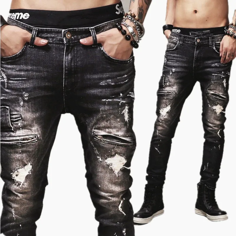Высокое качество Для мужчин s рваные байкерские джинсы 100% хлопок черный Slim Fit джинсы для езды на мотоцикле Для мужчин Винтаж джинсы с
