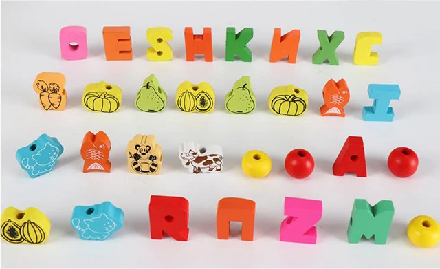 26pcs Wooden Toys Baby DIY Toy Cartoon Fruit Animal Stringing Threading Wooden beads Toy Monterssori Educational for Kids GYH 6