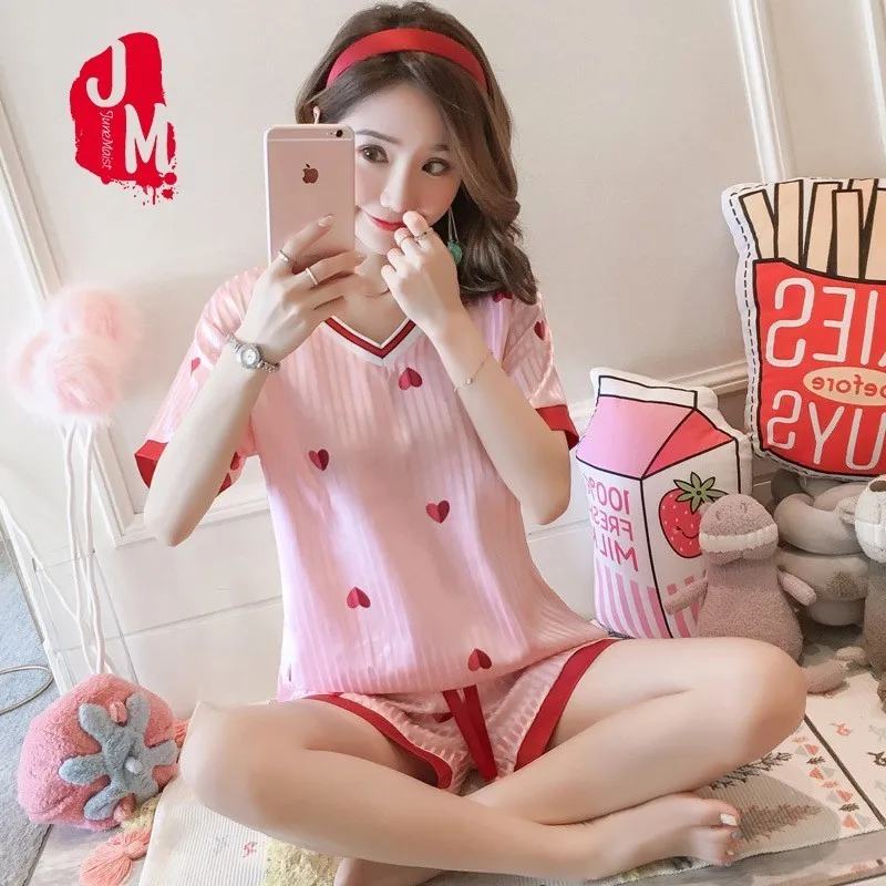 

Womens Silk Satin Pajamas Pyjamas Set Short Sleeve Sleepwear Pijama Pajamas Suit Female Sleep Two Piece Set Loungewear Plus Size