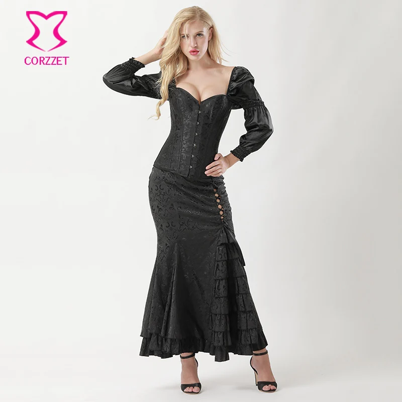 

Corzzet Black Brocade Long Sleeve Overbust Corset Dress Waist Trainer Sexy Fishtail Mermaid Skirts Steampunk Corset Dress