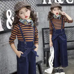 Новый весенне-осенний комплект детской одежды, полосатая футболка с длинными рукавами для маленьких девочек + комбинезон, широкие джинсы