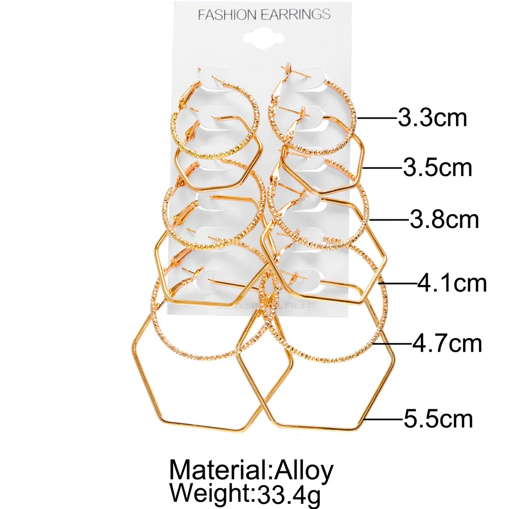 6 пар/уп. Винтаж большой круг обруч серьги Для женщин золотой цвет, геометрические формы с шестигранной головкой серьга кольцо с набором подходящих сумочек для женское украшение
