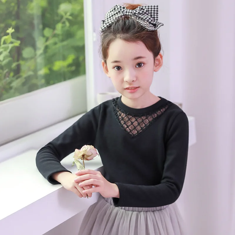 

Warm 2018 Velvet Big Girls Winter Autumn Thick T Shirts For Baby Girl Black Thick Sweatshirt Children Tees Long Sleeve T-shirts