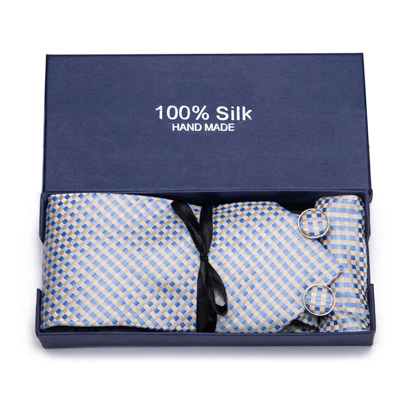  Quality Tie Set For Men 7.5cm Necktie Plaid Gravata Pocket Square Paisley Silk Tie Handkerchief Cuf