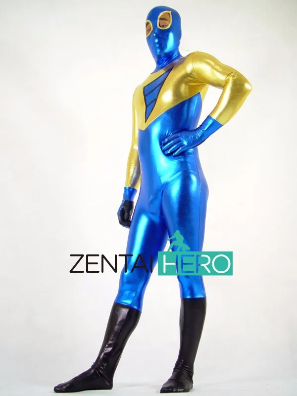 Free Shipping DHL Sexy Costume Blue And Gold Mulitcolor Shiny Metallic Full Body Zentai Suit for Men With Eyes Open AXPS021 (2)
