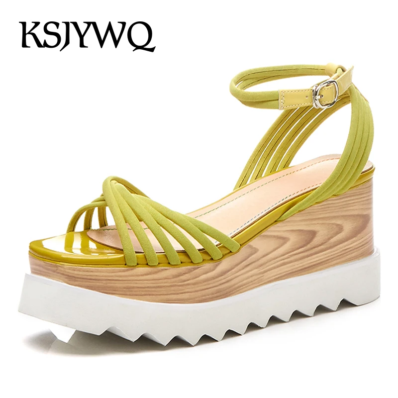 KSJYWQ Summer Green Leather Sandals 8 CM Heel Platform Wedges Open toe Thick Soles Party Buckle 