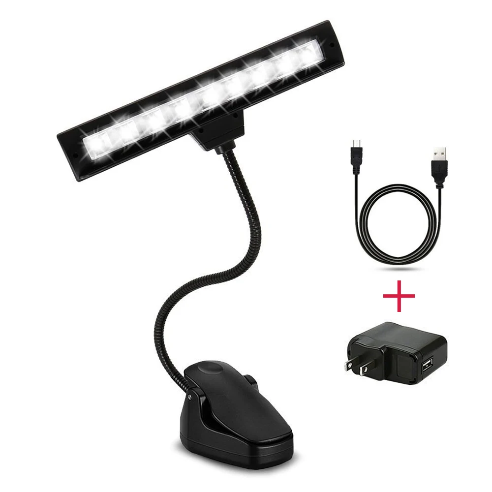 

9 LED Clip-on Music Stand Lights Portable Flexible Eye Protection 3 Brightness Reading Lamp With Adapter USB Cable Book Lamps