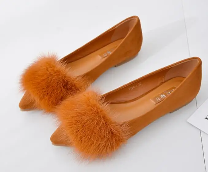 Luxury designer mink hair pointed toe creepers flats shoes high quality flock ballet flats women cozy moccasins big size 34-41 - Цвет: Хаки