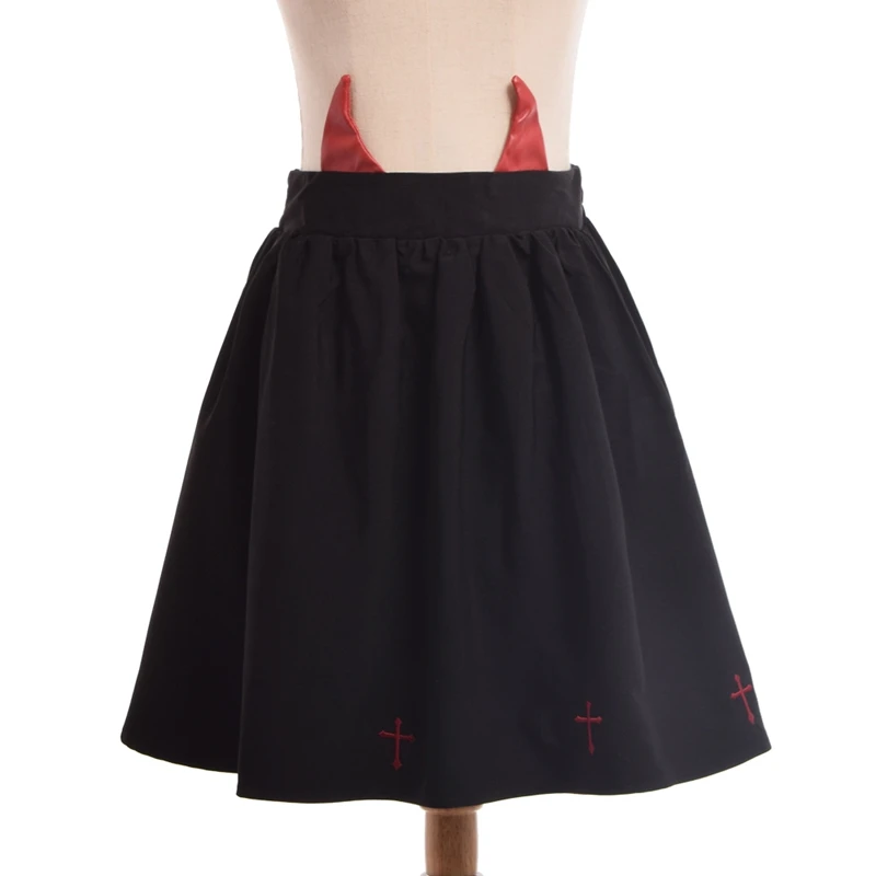 

Girls Gothic Lolita Skirt Devil Horn Cross Embroidery Black Mini Skirts