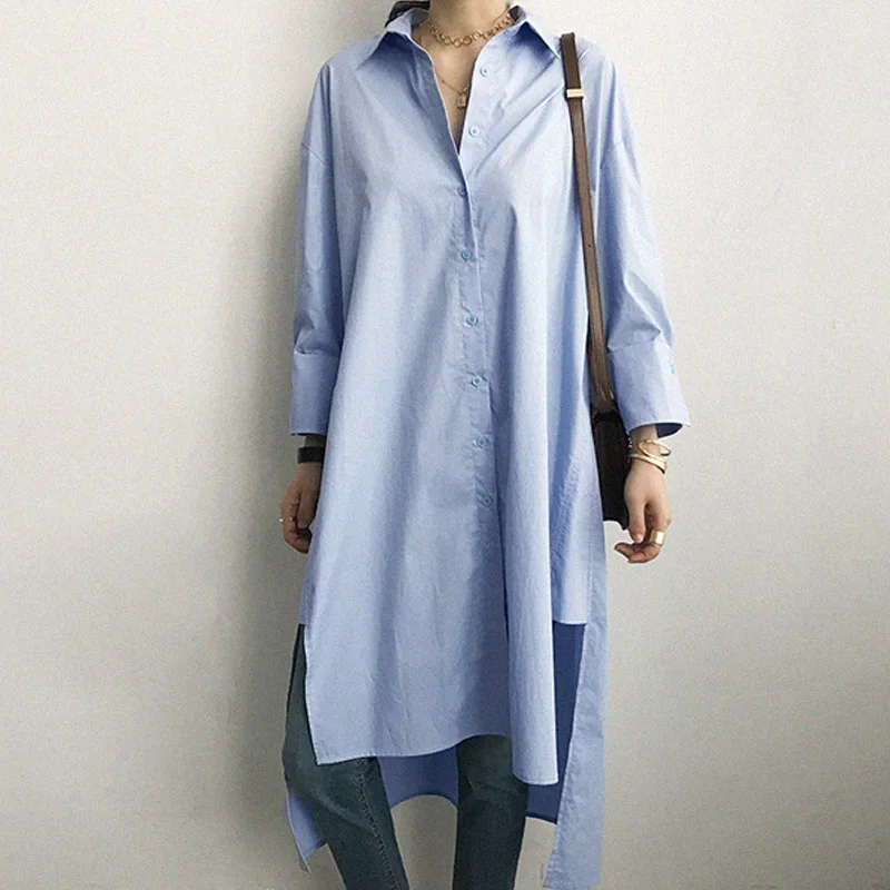 

limiguyue casual loose long blouse turn down collar single breasted side split women blouses shirts summer female tops Y046