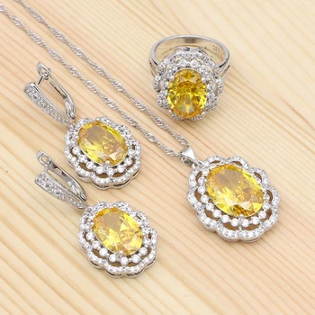 

925 Silver Bridal Jewelry Sets Yellow Cubic Zirconia Pendant Necklace Ring Earrings Elegant Gifts For Women Free Gift Box