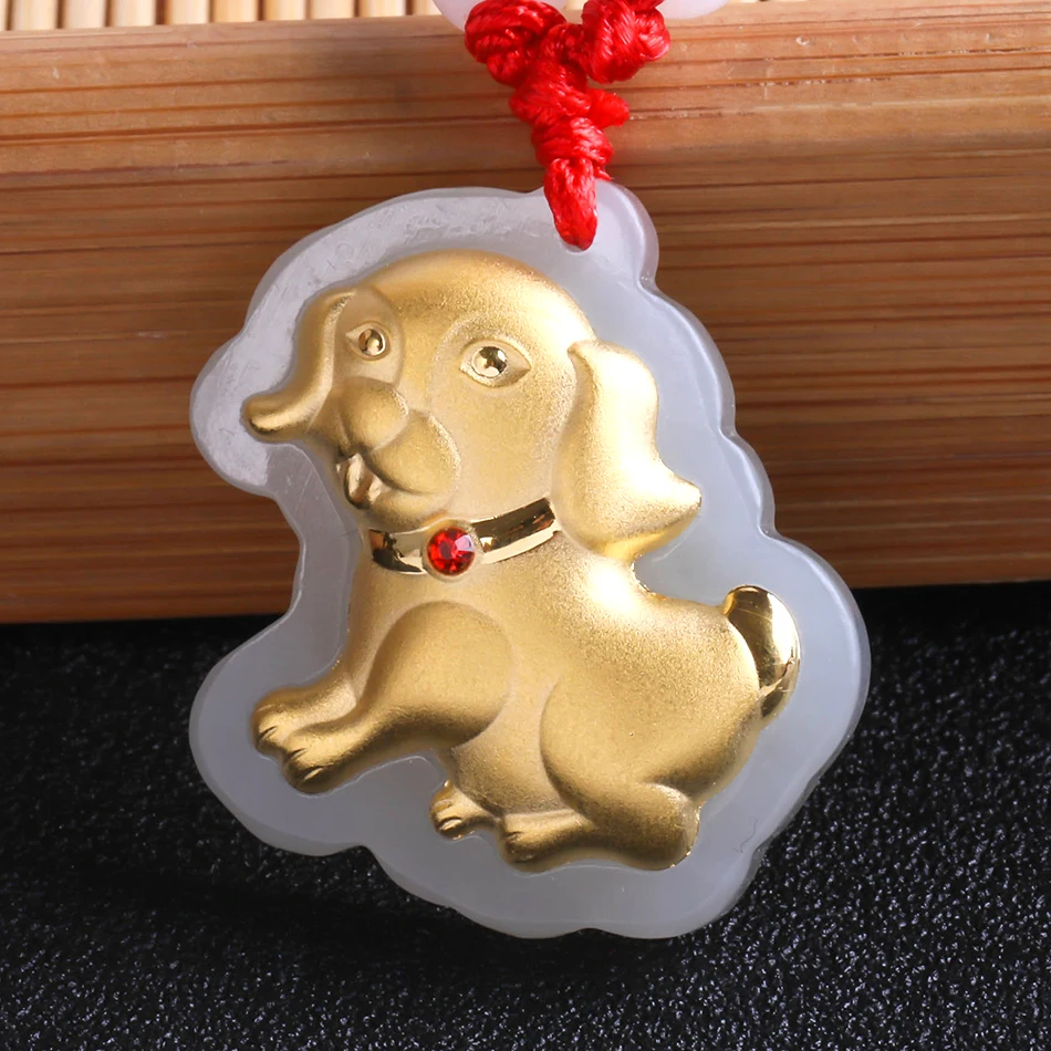 

2018 Gold Medallion Jade Zodiac Pendant 3D Hetian Jade Gold Man Dog Jade Necklace Benming Mascot