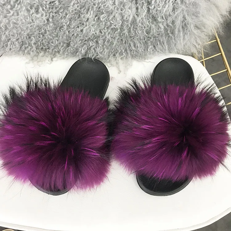 Женские тапочки из натурального меха енота, коллекция года, повседневные шлепанцы с лисьим мехом на плоской подошве, модная домашняя летняя обувь, большой размер 45, меховые вьетнамки - Цвет: Bright purple