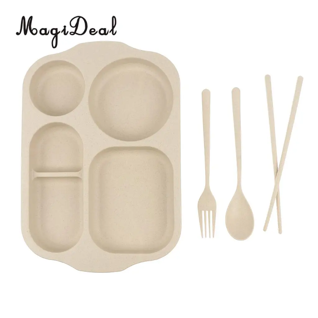 MagiDeal Divided Dinner Tray Lunch Container Food Serving Plate 5 Section with Chopsticks Spoon Fork Cutlery Tableware Set
