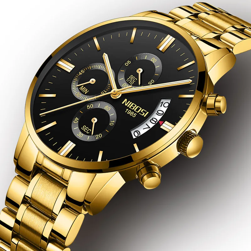 Nibosi Watches Men Clock Man Full Steel Black Cassic Chronograph Quartz Clock Man Gold Mens