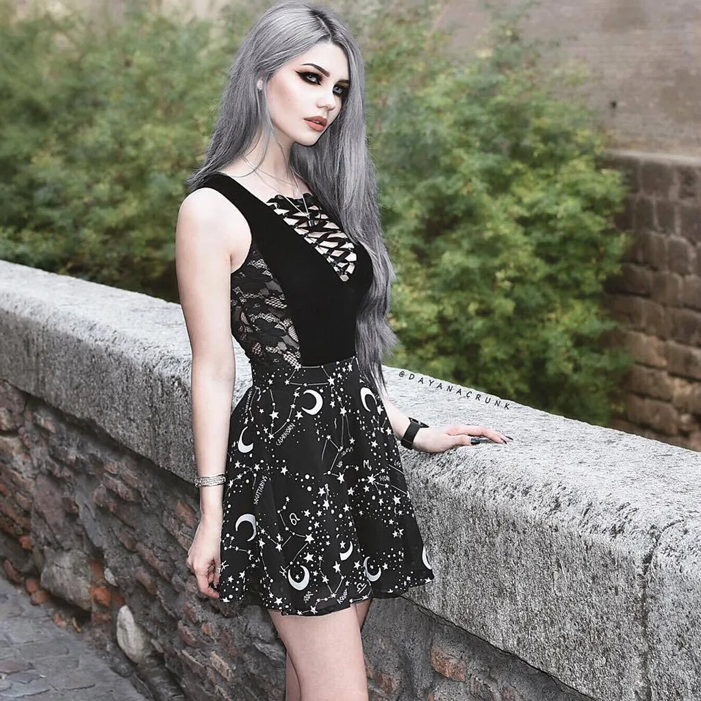 Sexy Long skirt Fashion Women Summer Women Party Gothic Punk Black Starry Sky Moon Print A-Line Short Mini Skirt Y612