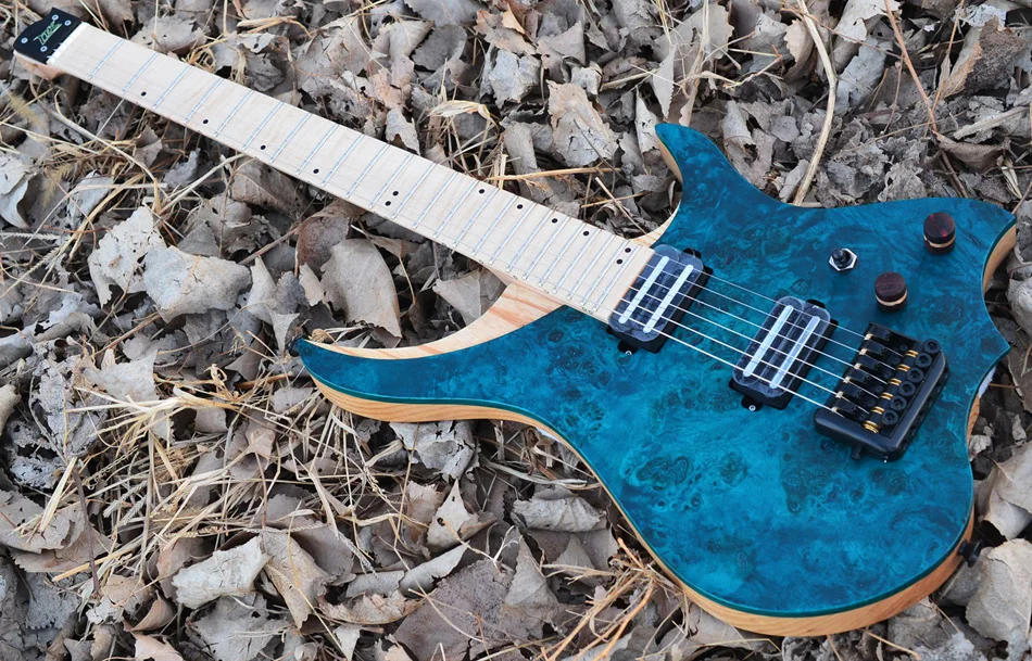 NK Headless Electric Guitar style Model blue Eye Poplar Veneer top Flame maple Neck in stock Guitar free shipping NK Headless Electric Guitar style Model blue Eye Poplar Veneer top Flame maple Neck in stock Guitar free shipping