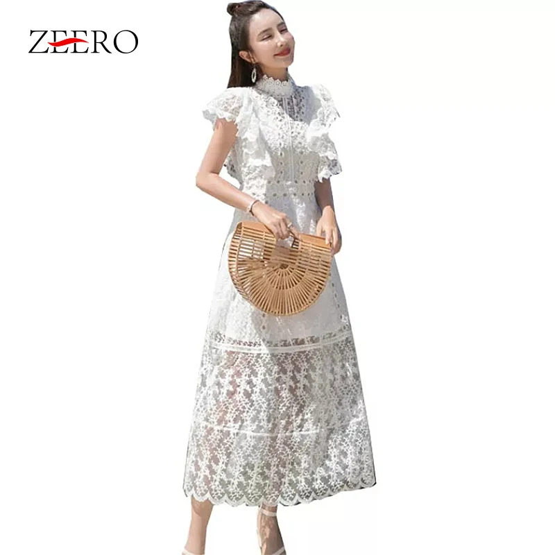 

2019 Luxury Women Dress New Arrival Fashion Boho Summer White Lace Long Dress Lace Mesh Embroidery Elegant Sexy Maxi Long Dress
