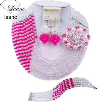 

Laanc Clear Transparent Fuchsia Pink African Jewelry Set for Women Nigerian Wedding Necklace Free Shipping C10JK049