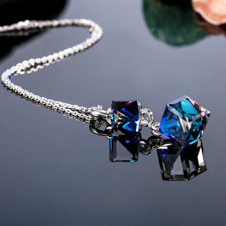 Ожерелье с кристаллами Swarovski, женское квадратное двойное ожерелье с синим кубическим кристаллом, женское ювелирное ожерелье