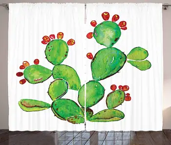 

Cactus Curtains Ripe Prickly Pear Plant with Fruits Watercolor Illustration Botany Art Living Room Bedroom Window Decor Panel