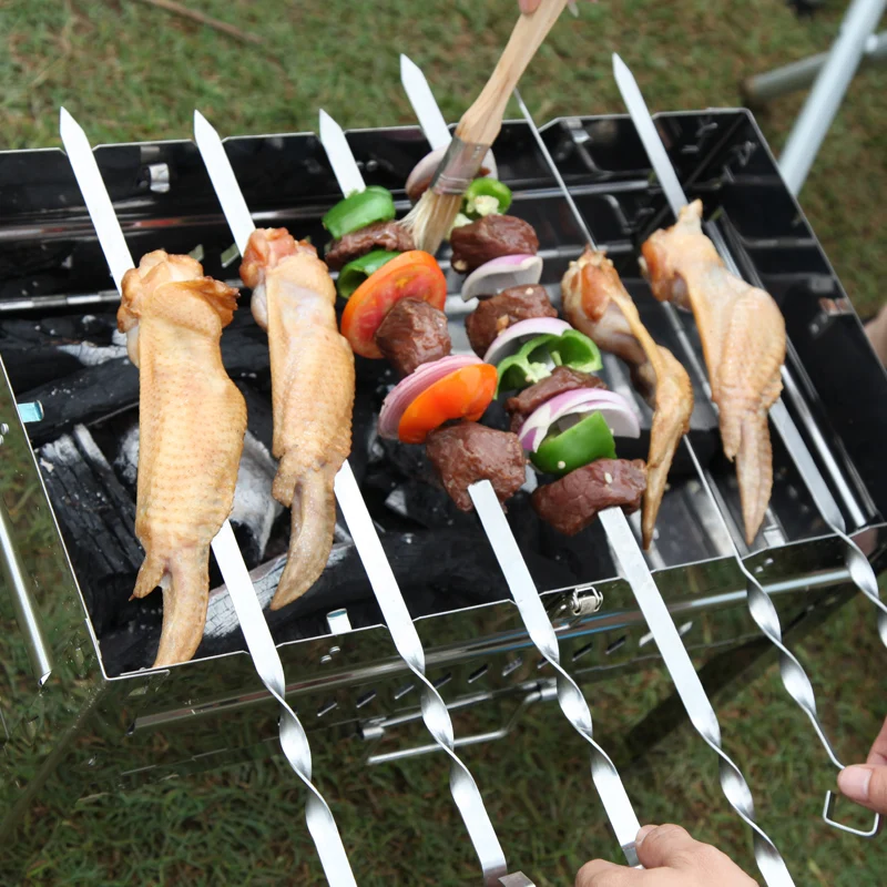 6/10/12pc Flat BBQ Skewers 45cm 17.5'' Stainless Steel Meat Metal BBQ Stick Barbecue Grill Skewers Long Roasting Kebab Fork