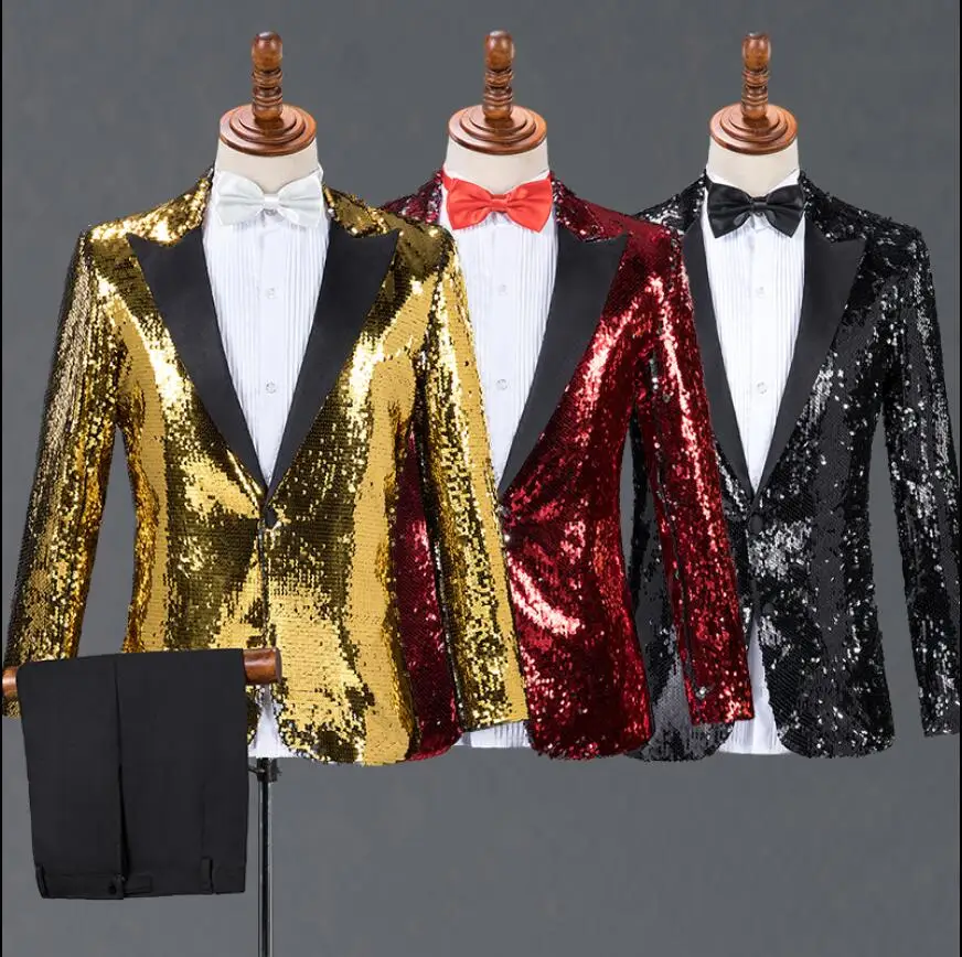 

New Men's Pointed Collar Suit Sequin Suits Costumes Bar Nightclub Dj Stage Host Singer Chorus Costume Wedding Formal Dress