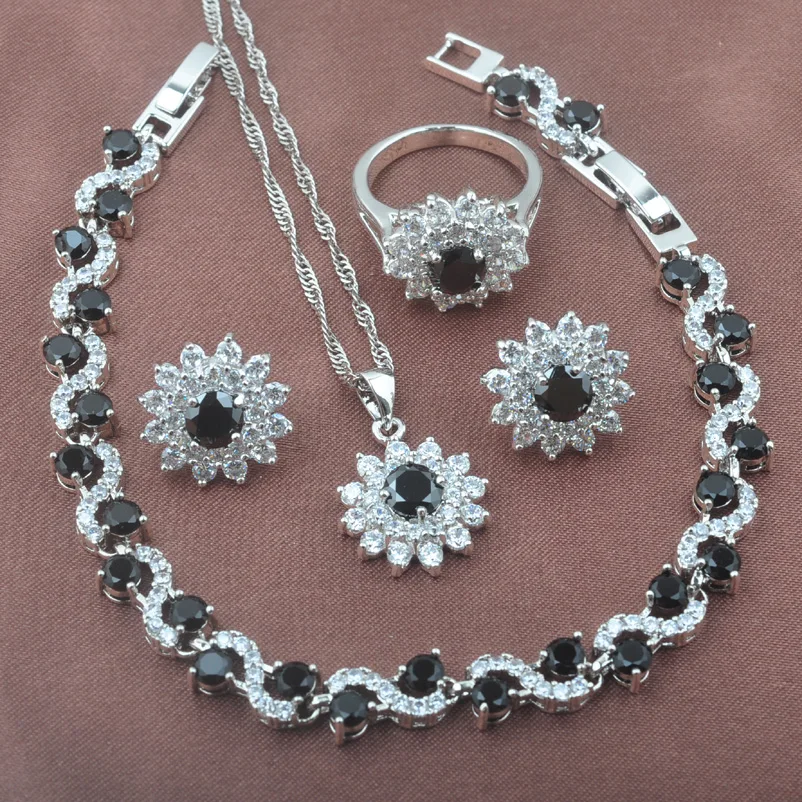 

Pretty Flower Black Zirconia 925 Sterling Silver Women's Jewelry Set Bracelet Necklace Pendant Earrings Ring YZ0467