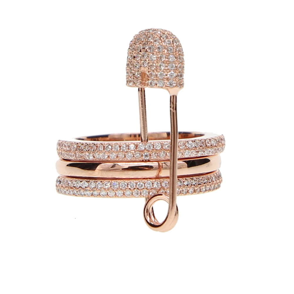 Fashionable three finger rings with pins stack design safety pin