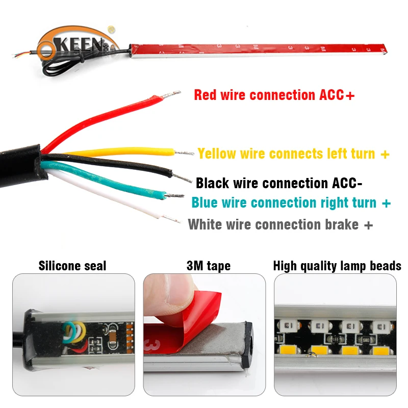 OKEEN 22 см стоп-сигнал, Светодиодная лента, красный мигающий светильник, янтарный сигнал поворота, для автомобиля, для последовательного бега, переключающаяся лента, лампа