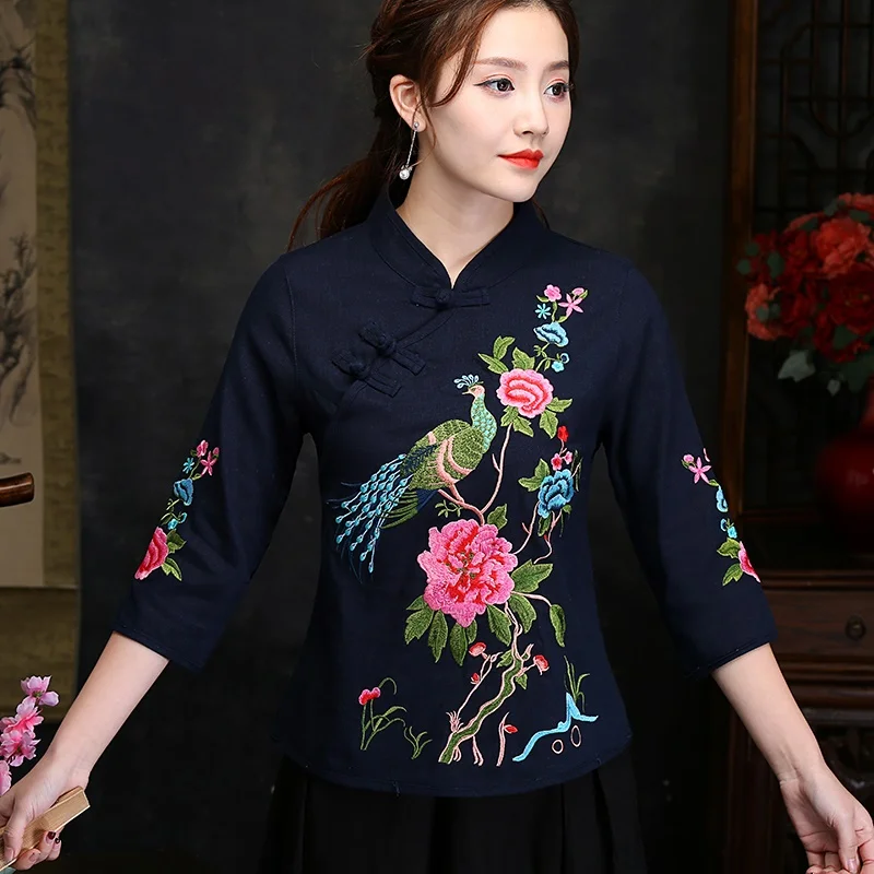 Длинная женская рубашка, вышитая блузка, туника, кимоно, кардиган, Восточный китайский стиль, рубашка, женские летние топы AA4658 - Цвет: 3