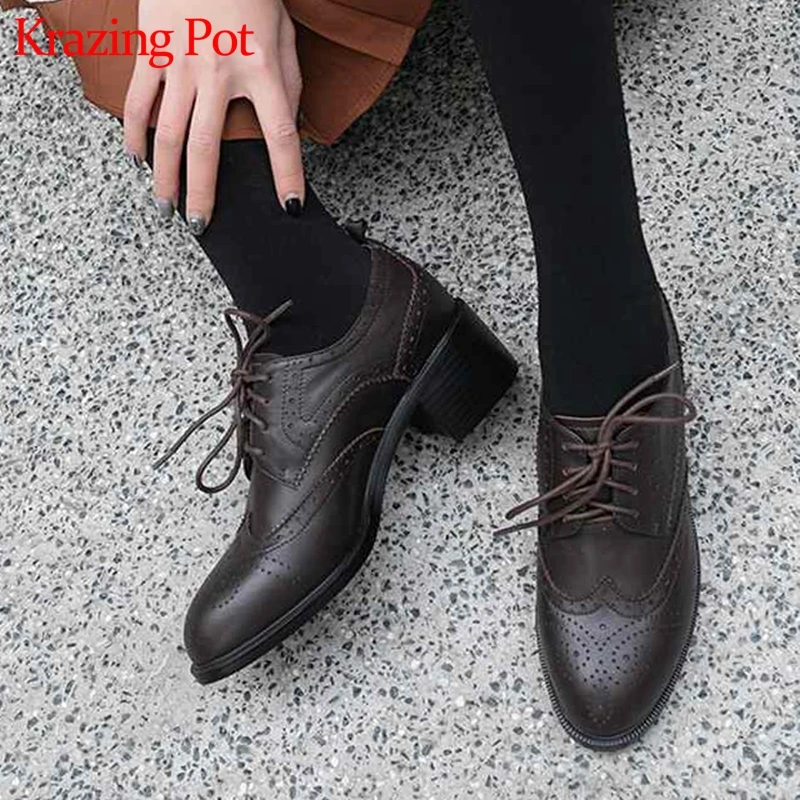 

Krazing pot 2019 genuine leather round toe med heels lace up women pumps concise elegant spring British school Oxford shoes L9f3