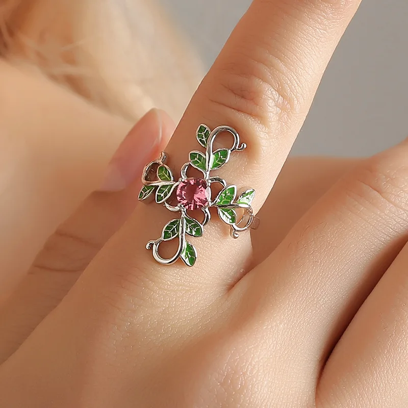 

Women Cross Flower Finger Ring Girls Party Jewelry Crystal Enamel Green Leaves Charm Ring Gold Silver Color Women Jewelry Gift