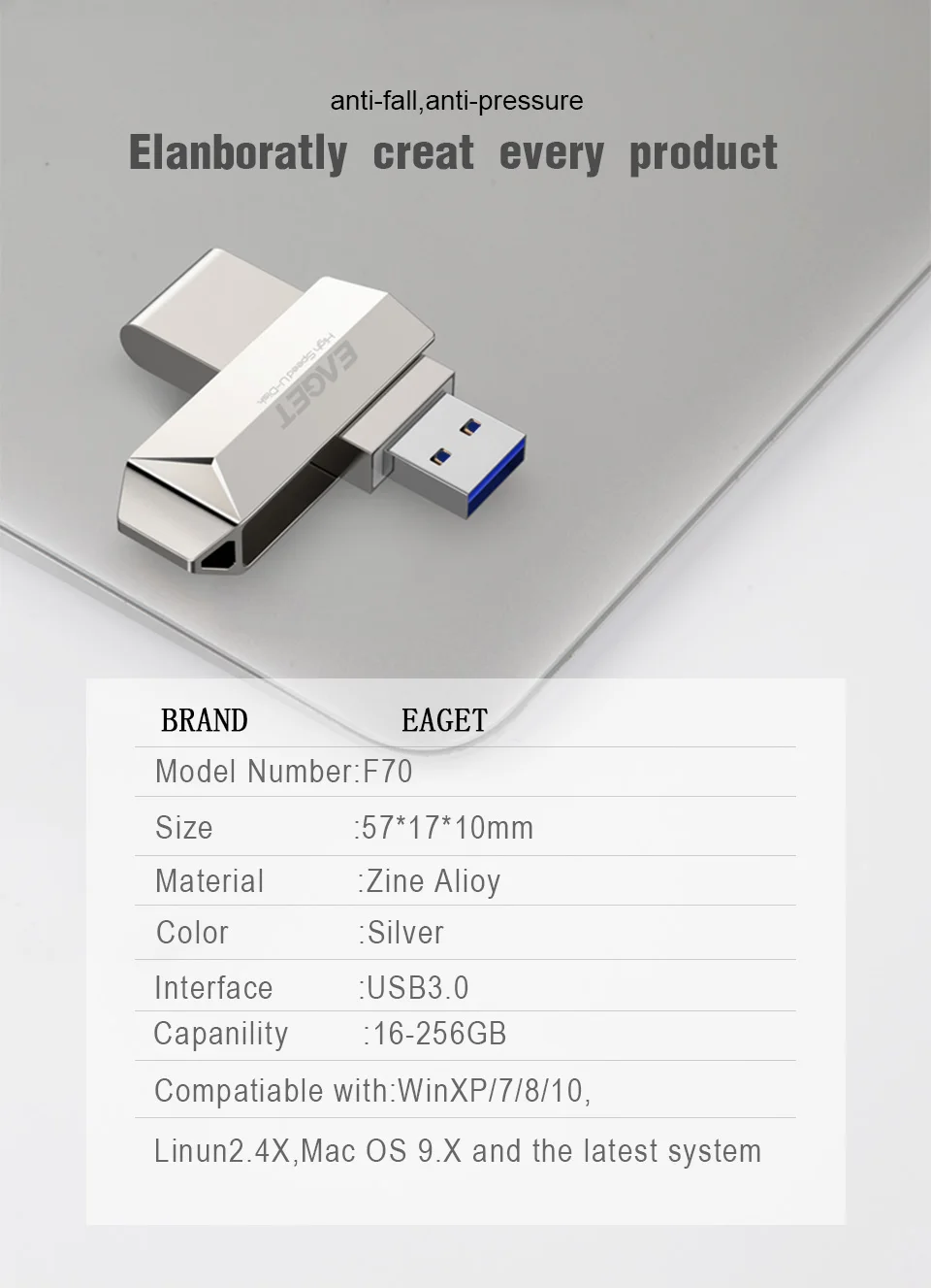 EAGET F70 USB флешка цинковый сплав случая высокого Скорость USB 3,0 16/32/64 ГБ U диска Dropship 360 градусов вращения