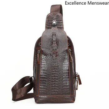 

2019 New Genuine Leather Cowhide Crocodile Pattern Men Bag Leather Men Chest Bag High Quality Casual Fashion Men Bag Brown QQ