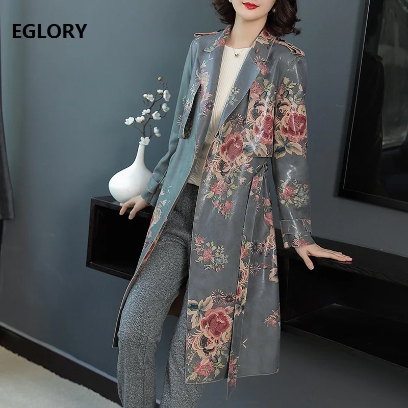 2018 Autumn Winter Fashion Designer Coat Trench 2018 Women Floral Print Belt Coat Windbreaker Ladies Casual Overcoat Female Coats