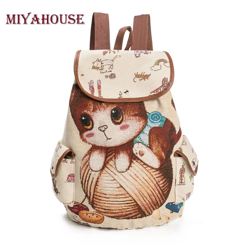 Miyahouse 2017 Винтаж Для женщин рюкзак Drawstring животных печати холст рюкзак милый кот Школьные рюкзаки для девочек-подростков
