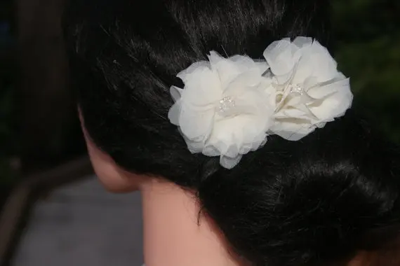 2-ivory bobby pin flowers, bridal headpieces, bridal flowers, in organza and rhinestone - set of 2