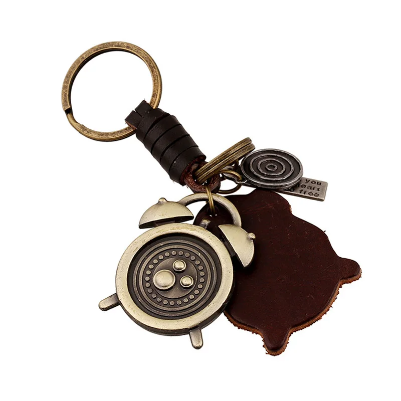 antique bronze plated alarm clock keychain keyring real leather key holder for women bag charm pendant hanger ring birthday gift | Украшения