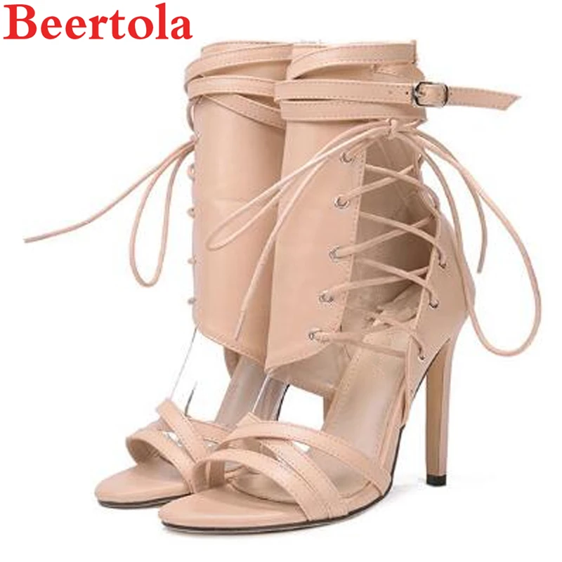 

Beertola Woman Shoes Narrow Band Peep Toe PU Shoes Super High Thin Heel Buckle Strap Ankle Stilettos Sandalias Mujer Zapatillas