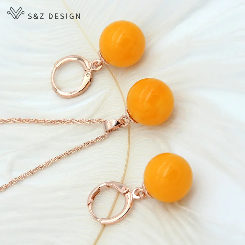 S&Z DESIGN New Fine Round Beeswax 585 Rose Gold Color Dangle Earrings Jewelry Sets For Women Wedding Fashion Pendant Necklace