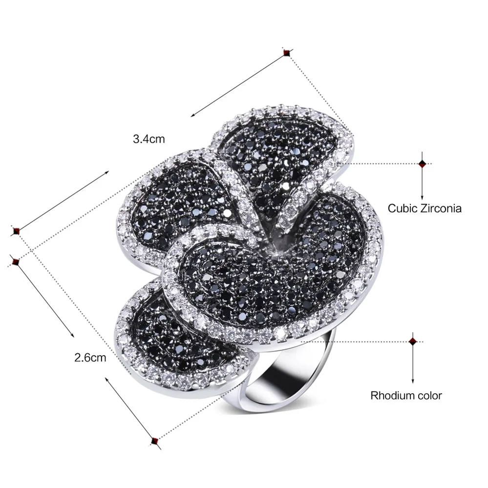 DreamCarnival 1989 Elegant party ring Big flower design Black and white Cubic Zircon Luxury Lady ring aneis feminino SJ09146JT2
