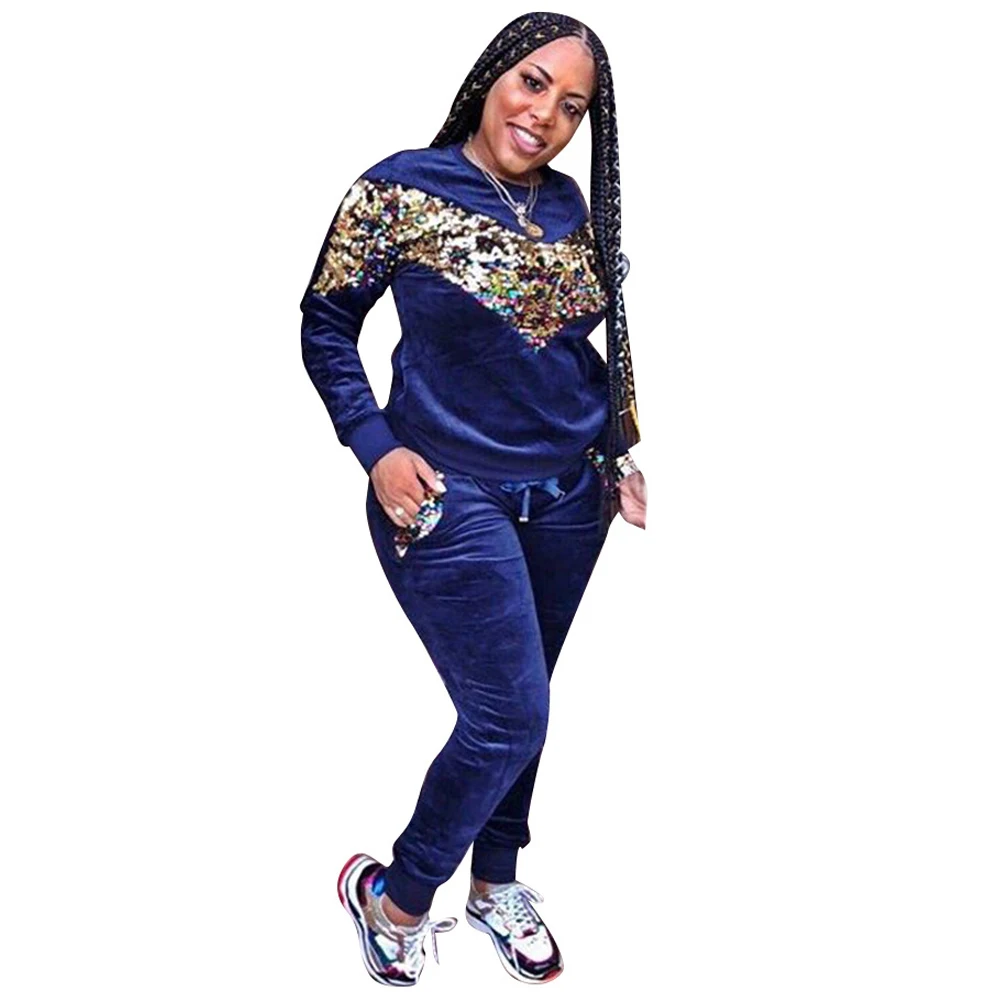 YUYOU autumn and winter sequins women's new 2 piece suit jumpsuit velvet jumpsuit casual jumpsuit XXL large size women's